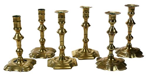 THREE PAIRS OF BRITISH BRASS CANDLESTICKS18th