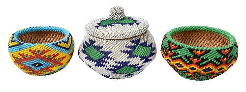 THREE PAIUTE BEADED BASKETS20th