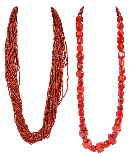 TWO CORAL NECKLACESmulti strand  375cf3