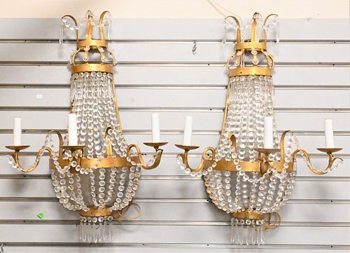 PAIR OF FOUR LIGHT BRASS AND CRYSTAL 375d42