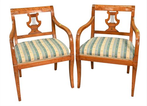 A PAIR OF TIGER MAPLE LYRE BACK CHAIRSA