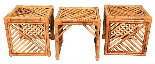 THREE BAMBOO AND RATTAN SIDE TABLESThree