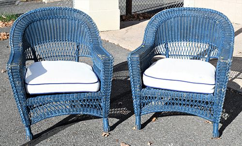 A PAIR OF PAINTED WICKER ARMCHAIRSA