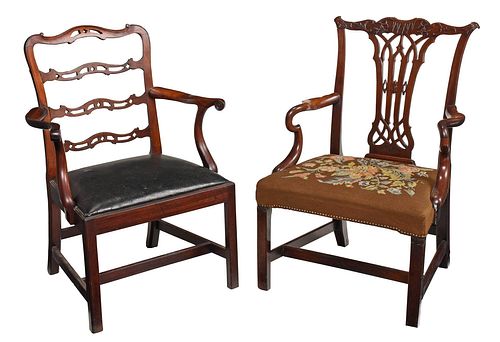 TWO GEORGE III MAHOGANY OPEN ARMCHAIRSBritish  375f3e