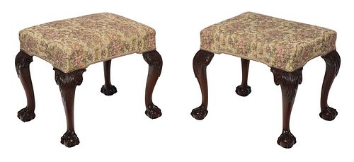 PAIR GEORGIAN CARVED MAHOGANY UPHOLSTERED