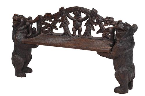 BLACK FOREST CARVED WALNUT BEAR BENCHSwiss,