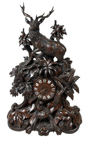 BLACK FOREST CARVED WOOD MANTEL CLOCKGerman/Swiss,