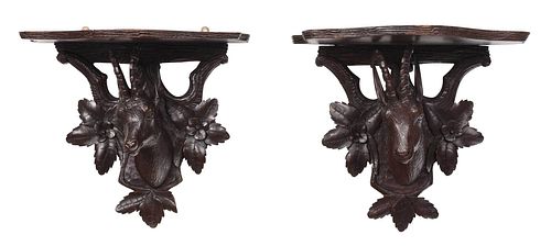 PAIR OF BLACK FOREST CARVED HORNED 375f87