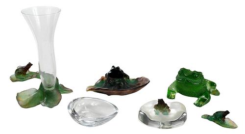 FIVE ART GLASS FROGS, DAUM AND