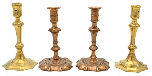 TWO PAIR OF BRASS QUEEN ANNE CANDLESTICKSTwo