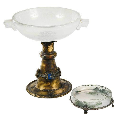 TWO GLASS AND STONE TABLE OBJECTSmoss 3762b9