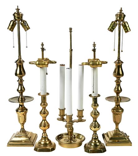 GROUP OF FIVE BRASS TABLE LAMPSBritish/Continental,