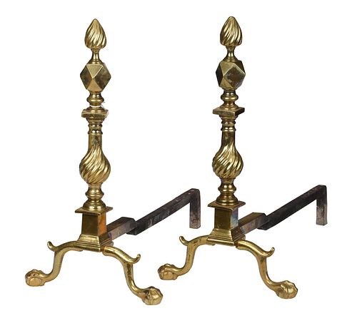 PAIR CHIPPENDALE STYLE BRASS ANDIRONS20th 37634d