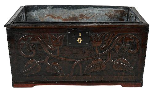 BRITISH OAK CARVED BOX WITH TIN 376372