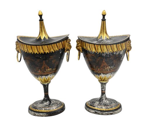 PAIR OF PEWTER CHESTNUT URNS HAVING