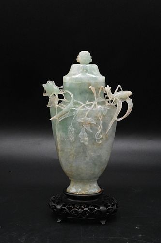 CHINESE GREEN JADE COVERED URN OR VASEChinese