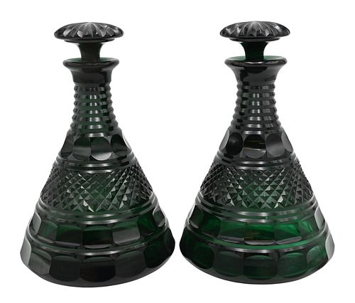 PAIR BLUE/GREEN CUT GLASS SHIP