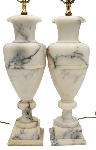 PAIR OF WHITE MARBLE URN FORM LAMPS 373f7e