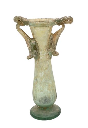 LATE ROMAN GLASS TWO-HANDLED FOOTED