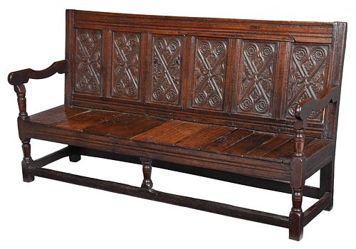 EARLY ENGLISH CARVED OAK SETTLE
