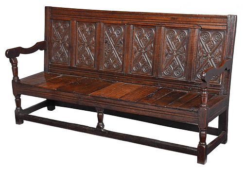 EARLY ENGLISH CARVED OAK SETTLE 3741ec