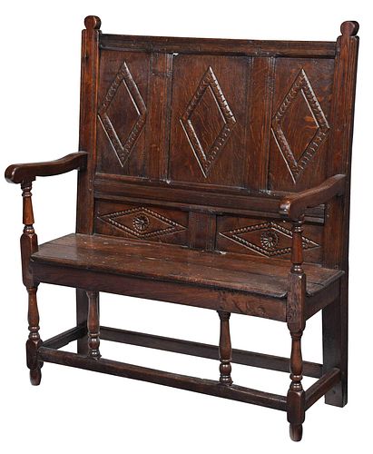 EARLY ENGLISH CARVED OAK SETTLEpaneled