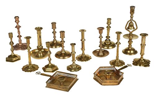 14 BRASS CANDLESTICKS AND TWO CHAMBERSTICKSBritish  374252