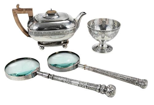 ENGLISH SILVER TEAPOT AND TWO MAGNIFYING