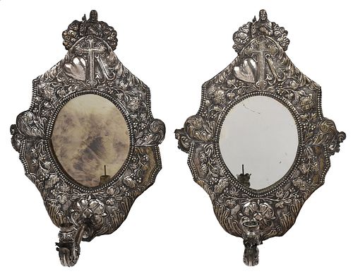 PAIR OF OVAL SILVER PLATE MIRROR WALL 3742a2