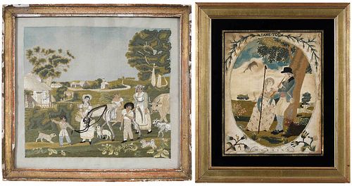 THREE SILK AND NEEDLEWORK PICTURES19th