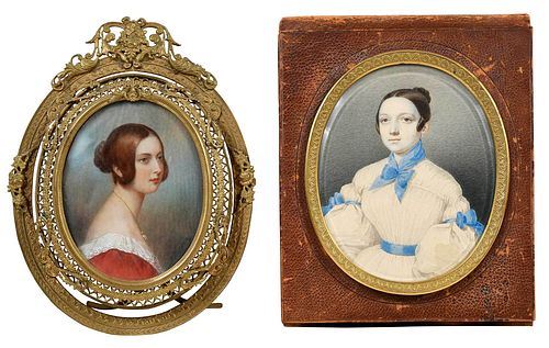 TWO PORTRAIT MINIATURES OF LADIES 19th early 3743ef