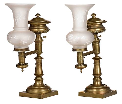 PAIR OF BRASS ARGAND LAMPS WITH