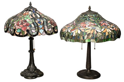 TWO SLAG GLASS TABLE LAMPS OF FLORAL 37452d