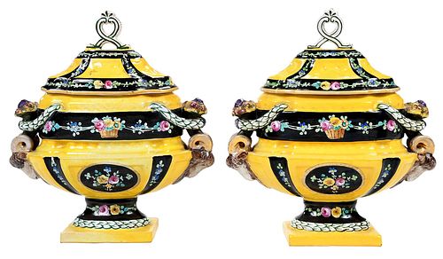 PAIR OF YELLOW SEVRES STYLE COVERED