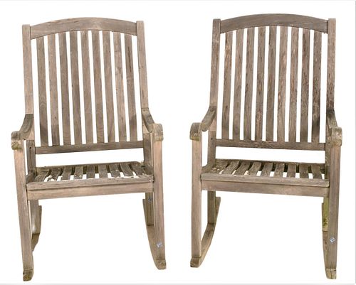 PAIR OF OUTDOOR TEAK ROCKING CHAIRSPair