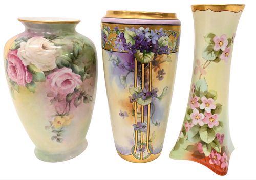 GROUP OF THREE LARGE HAND PAINTED PORCELAIN