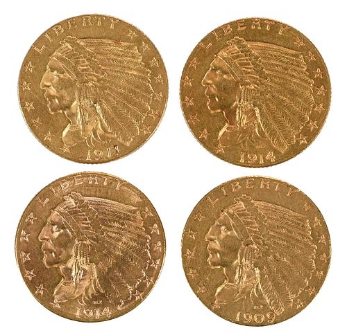 FOUR INDIAN HEAD GOLD $2-1/2 COINS1909;