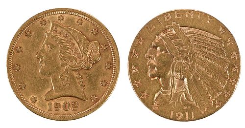 TWO GOLD $5 COINS1902-S Liberty
