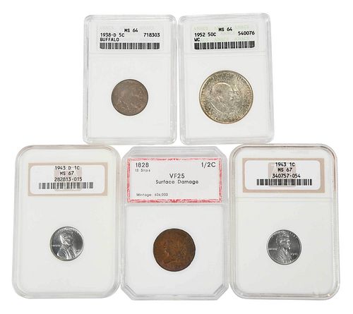 GROUP OF FIVE ASSORTED GRADED COINS1828