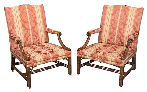 PAIR OF CHIPPENDALE MAHOGANY UPHOLSTERED