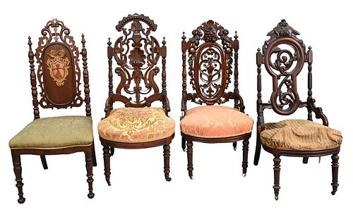 FOUR VICTORIAN WALNUT SIDE CHAIRS,