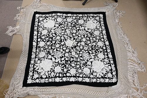 TWO EMBROIDERED SILK PIANO SHAWLS,