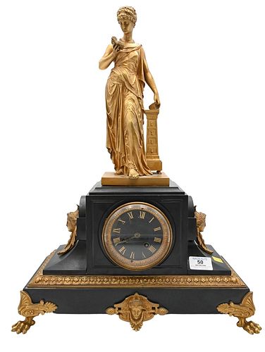 VICTORIAN BLACK SLATE MANTLE CLOCK  3775ed