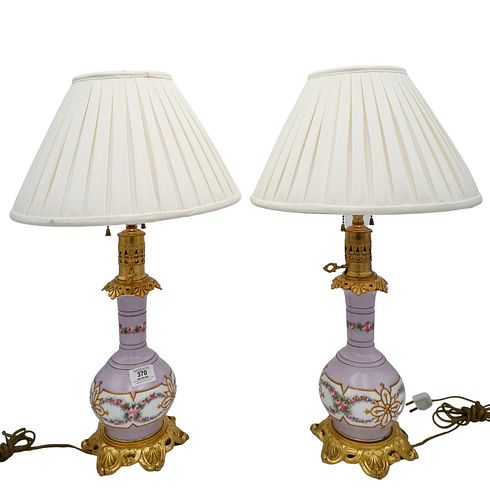 PAIR OF FRENCH PORCELAIN OIL LAMPS,