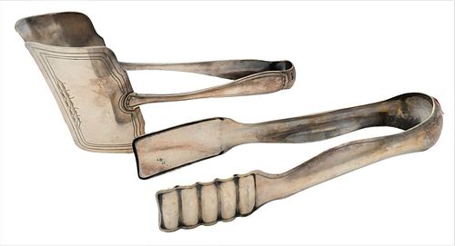 TWO LARGE SILVER TONGS, ONE MARKED