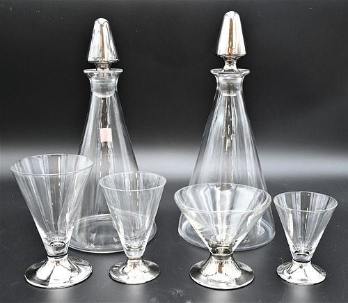 SILVERED GLASS STEMWARE AND DECANTERS,