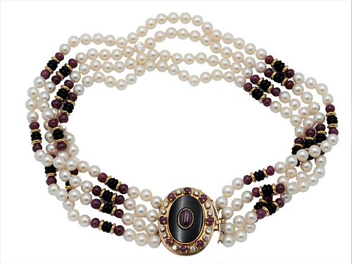 PEARL AND RUBY FOUR STRAND NECKLACE,