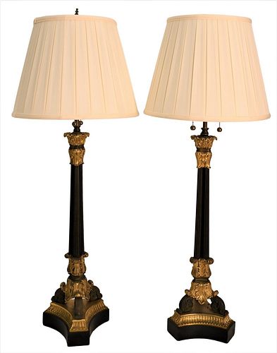 PAIR OF REGENCY BRONZE COLUMN CANDLESTICKS,