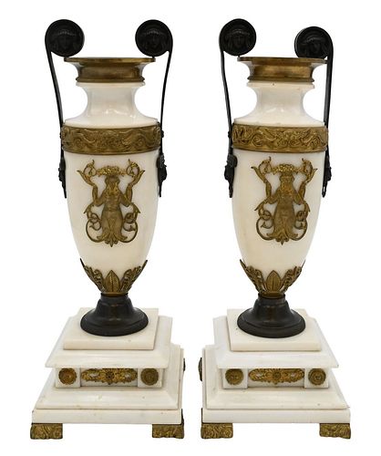 PAIR OF BRONZE MOUNTED WHITE MARBLE