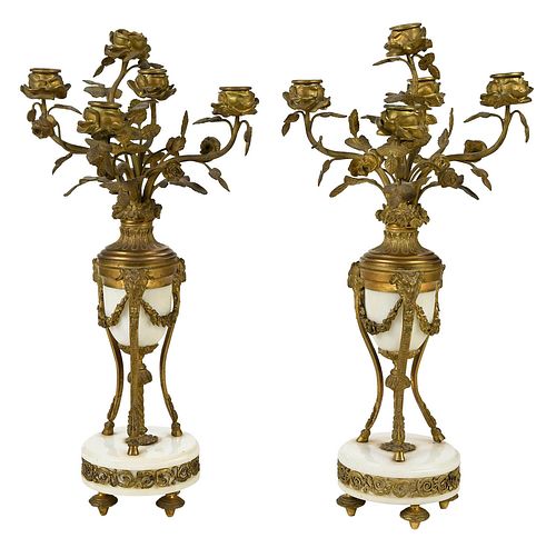 PAIR OF GILT METAL AND MARBLE FIVE